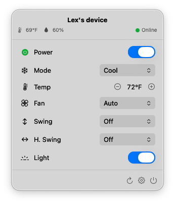 AC Slater&rsquo;s menubar panel — showing a Sensibo device called &lsquo;Lex&rsquo;s device&rsquo; at 69°F / 63% humidity, online, with toggles and steppers for Power, Mode (Cool), Temp (73°F), Fan (Auto), Swing, Horizontal Swing, and Light