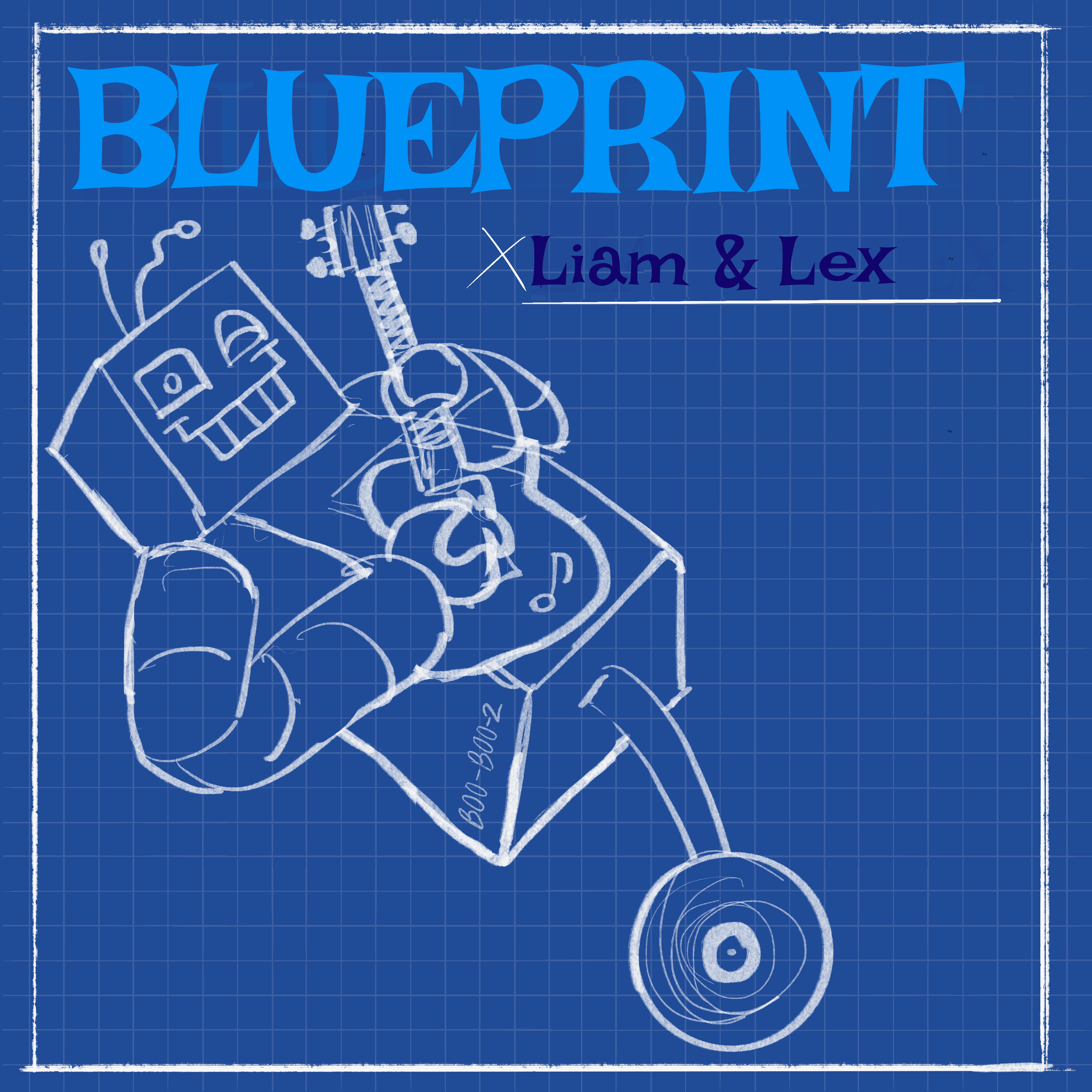 Blueprint album cover: Blueprint of a robot on a giant wheel