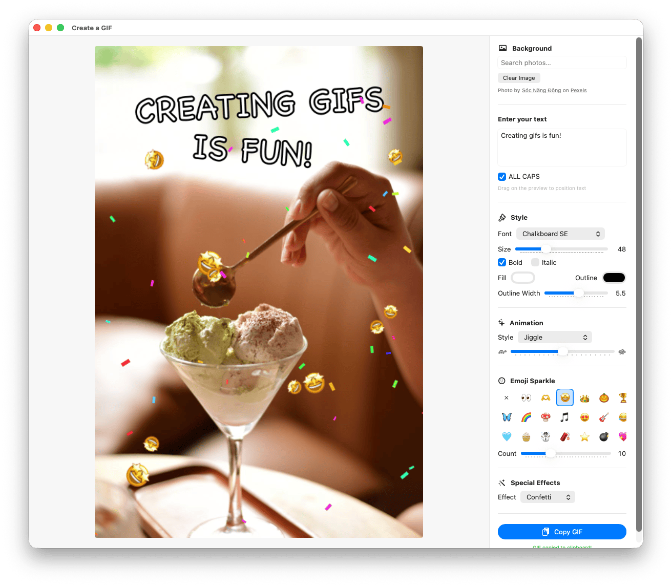 Gnome&rsquo;s GIF Creator window: a background photo of someone scooping ice cream with the text &lsquo;Creating GIFs is fun!&rsquo; overlaid, plus a sidebar of controls for font, style, animation, emoji sparkles, and a confetti effect, ending in a big purple Copy GIF button