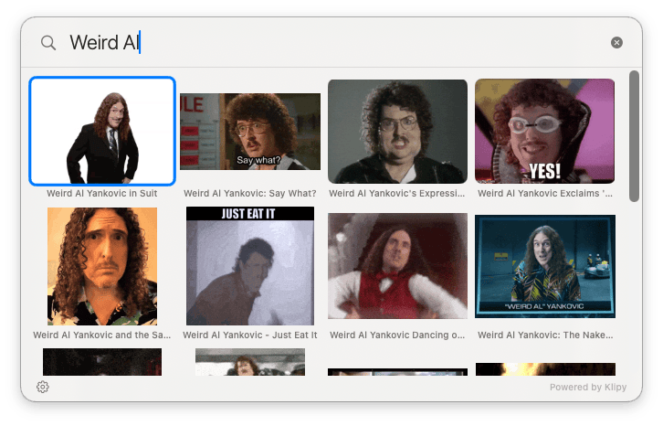 The Gnome menubar window showing a search for &lsquo;Weird Al&rsquo; with a grid of matching GIF thumbnails